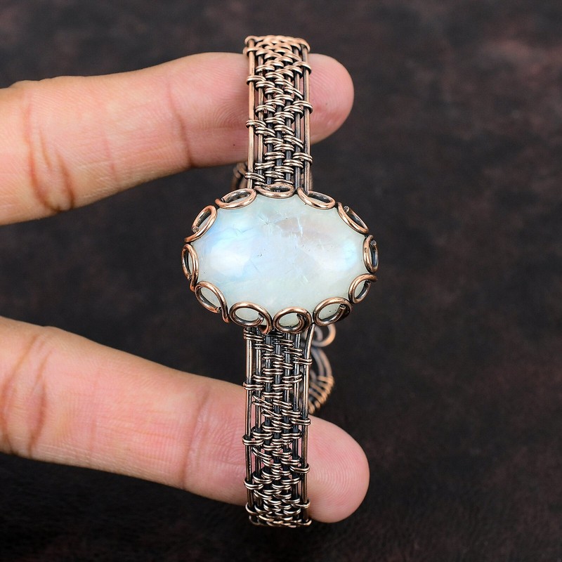 Rainbow Moonstone Wire Wrapped Adjustable Bangle Handcrafted Copper Gift gallery