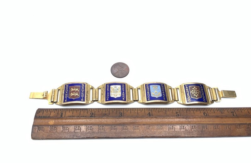 Vintage 1940s Estate Brass & Enamel France Souvenir 7” Panel Link Bracelet gallery