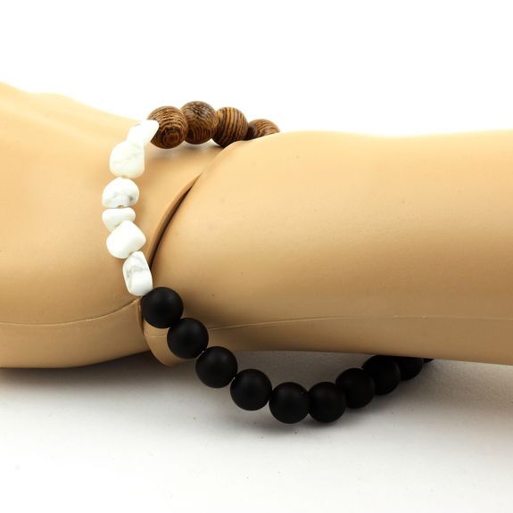 Bracelet Howlite Of USA + Beads Black Onyx Matt + Wood 0 5/16in Made IN France gallery