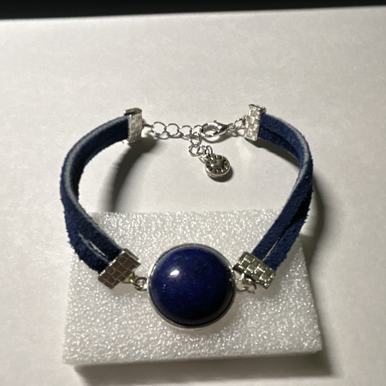 Blue Cord Double Strap Adjustable Bracelet, Bezel Set Round Blue Cabochon gallery