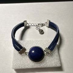 Blue Cord Double Strap Adjustable Bracelet, Bezel Set Round Blue Cabochon