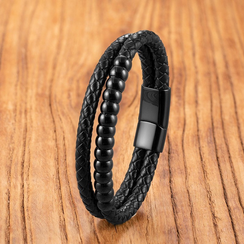 Handmade Leather Bracelet Stainless Steel Beaded-Double-Deck Unisex Jewelry Gift gallery