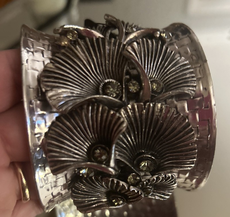 The Magic Scarf Company NWT Chunky Silver Floral Large Cuff Bracelet, 2.5” Wide gallery