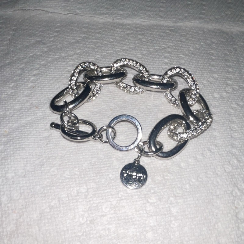 Silver Tone Oval Bar Link Bracelet Pavé Clear Crystal, Toggle, Disc Charm gallery