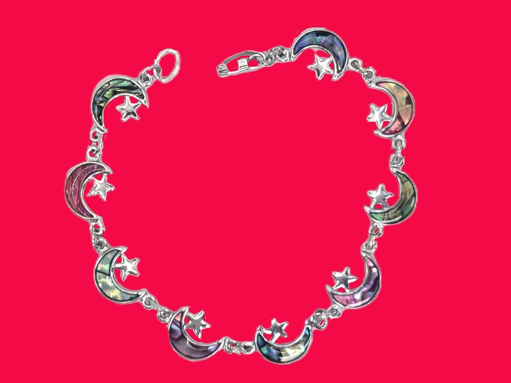 Multicolored Paua Shell Inlay (Simulated) Crescent and Star Bracelet