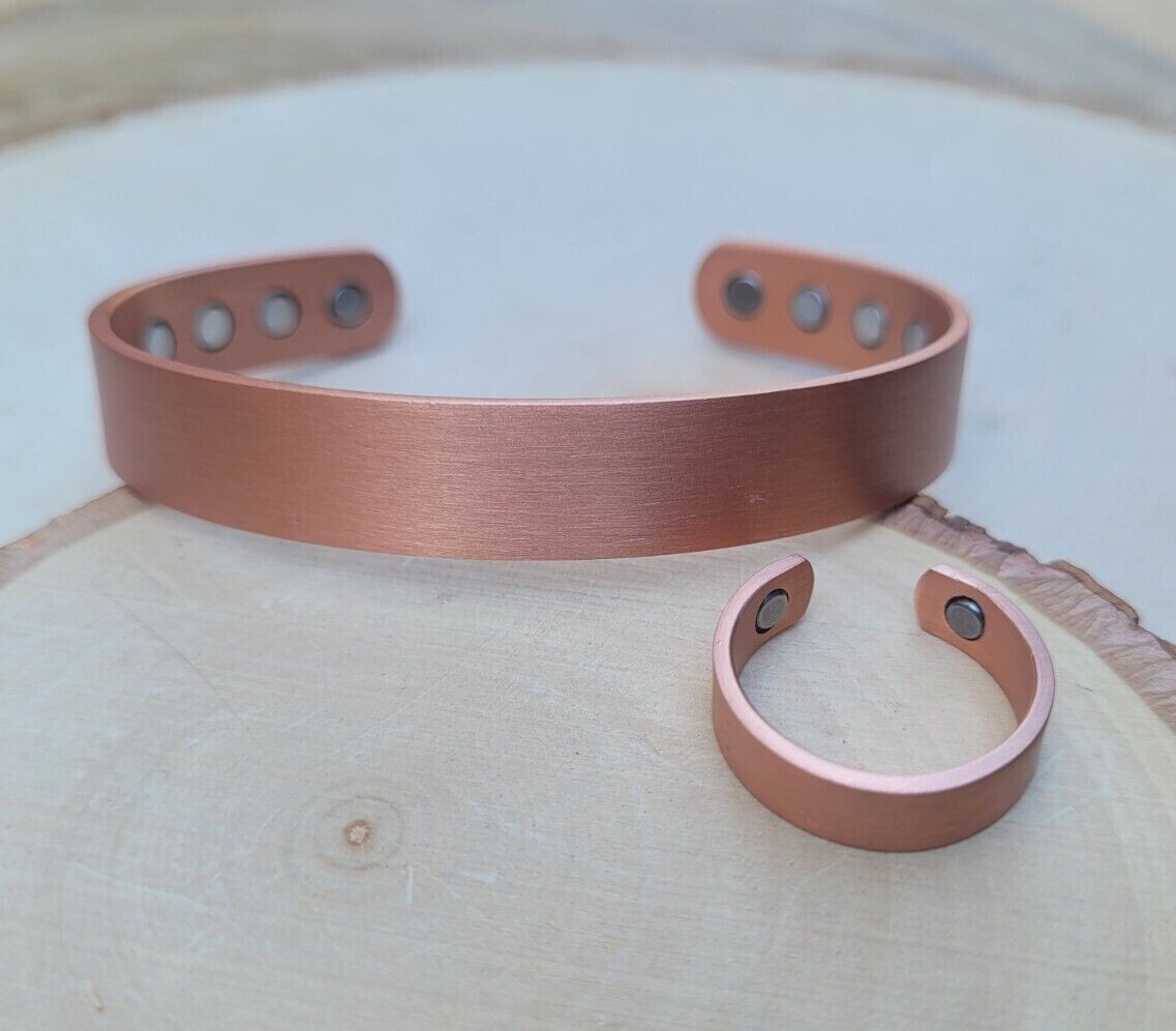 Matte Solid Copper Magnetic Engravable Bracelet Ring Set Arthritis Cuff Ring Set gallery