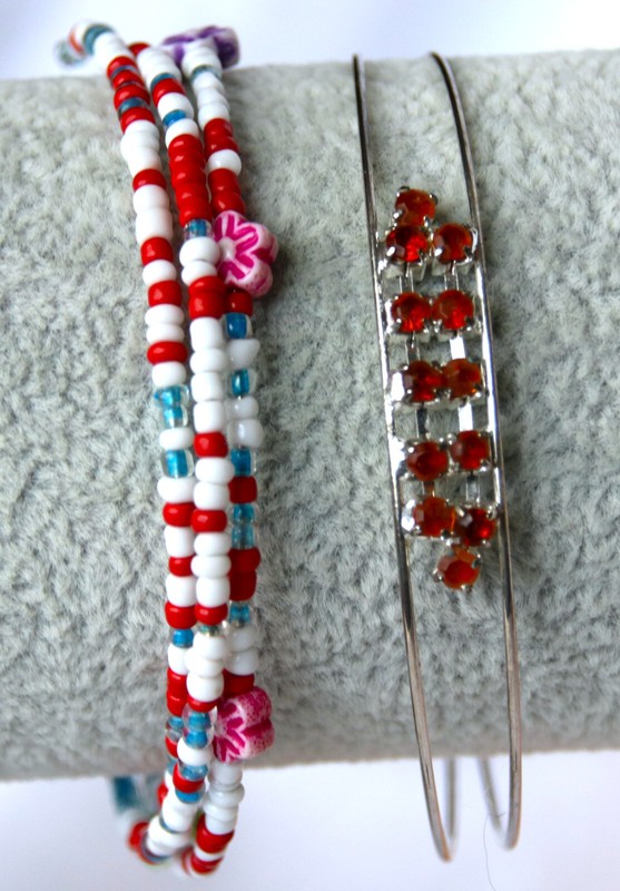 Two Memory Wire Bracelets, One triple wrap, one brown rhinestones, cuff type gallery