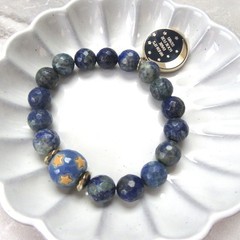 Ceramic Star Ball Stretch Bracelet with Lapis Beads & Moon Quote Charm