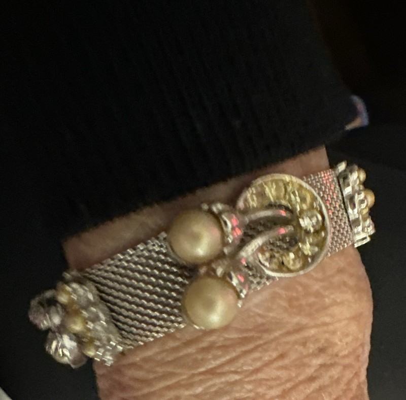 Vintage,Silver Tone Mesh Charm Bracelet Gold Tone Accents Charms Fold Over Clasp gallery