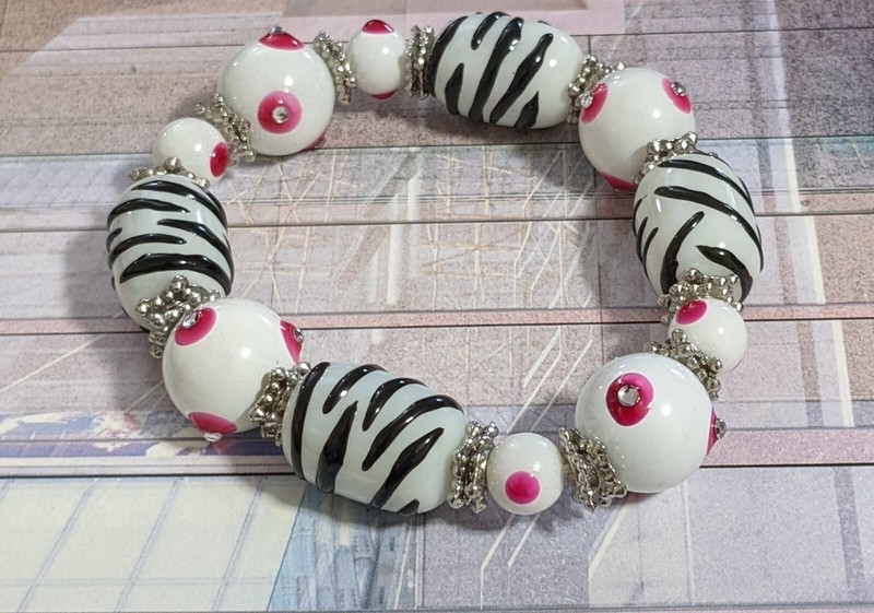 Zebra Bracelet Animal Print Black PINK Beaded Stretch Bracelet for Women gallery
