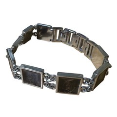 Silver Tone Square Panel Link Bracelet Brown Swirl Resin Geometric Retro