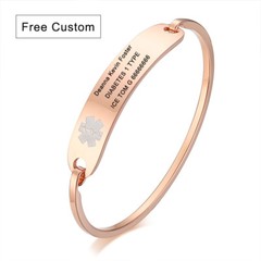 Rose Gold Women Medical Alert ID Bracelet Cuff Bangle Personalize Custom Engrave