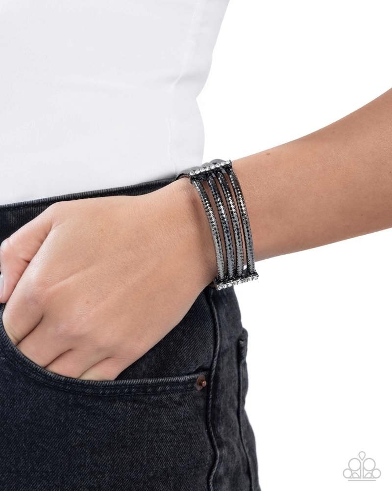 Paparazzi Teeming with Taste - Black - White Rhinestone - Curved Gunmetal Bars - gallery
