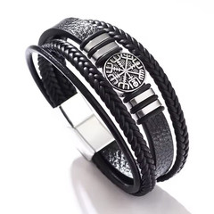 Men’s Black Braided Leather Cuff Bracelet Magnetic Closure Stainless Steel