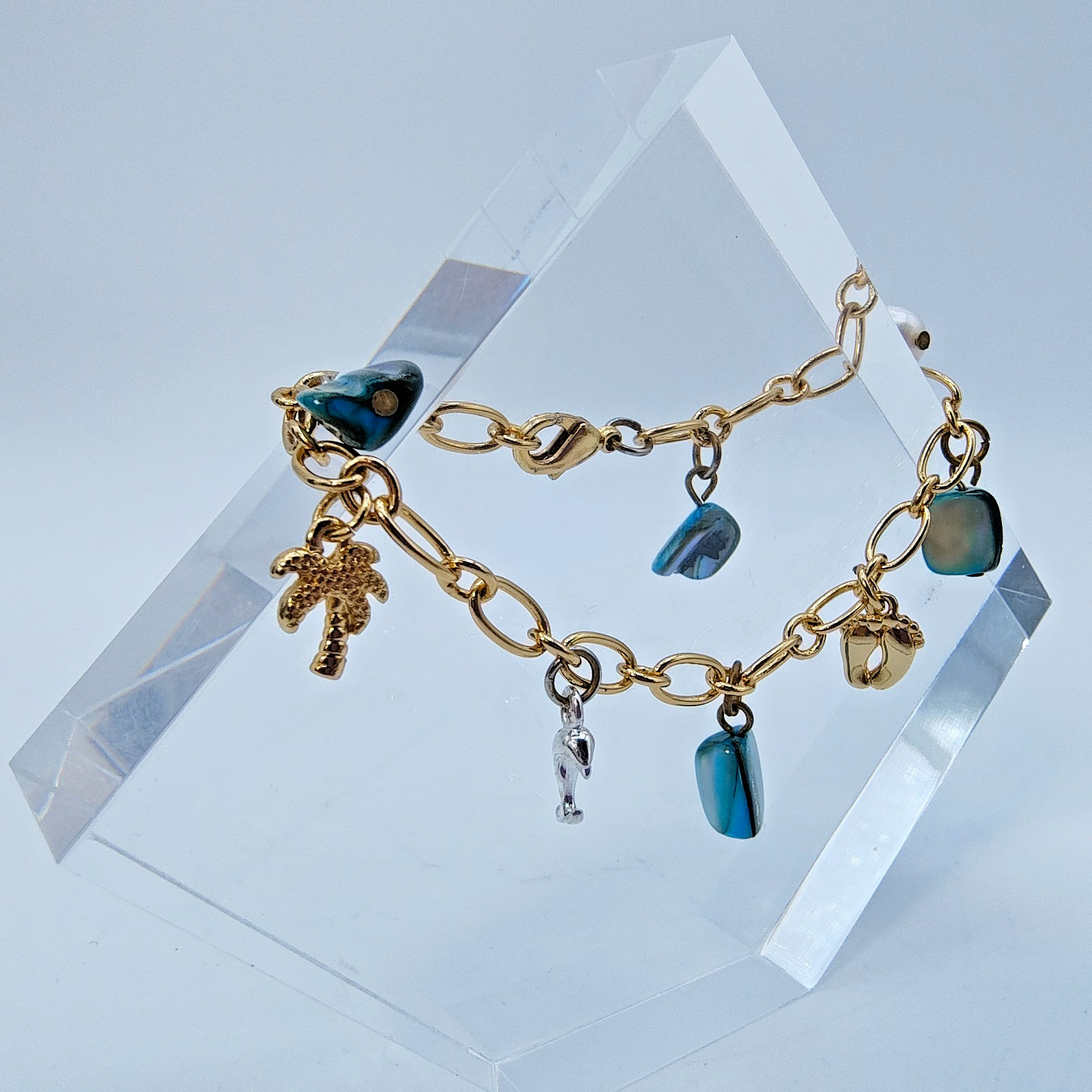 Tropical Beach Charm Bracelet Gold Tone Shell Dolphin Palm Tree Coastal Summer gallery