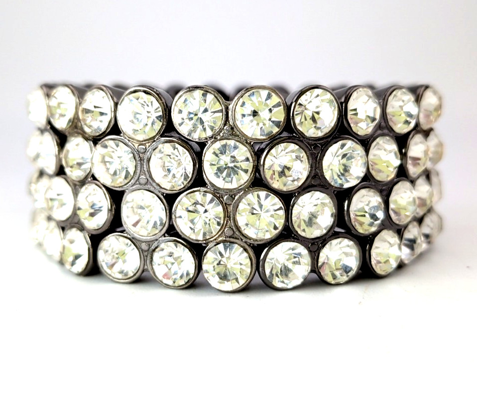 Large Rhinestone Stretch Bracelet w/ Gunmetal Finish Statement Chunky Glam 1"