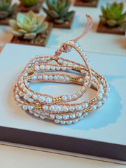 Victoria Emerson Natural Pearl Tan Cord Bead Wrap Bracelet 36.5″