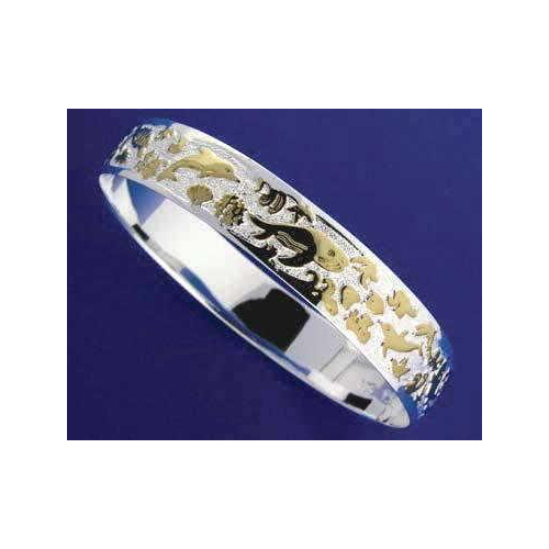 SILVER 925 HAWAIIAN BANGLE BRACELET SEALIFE SMOOTH EDGE 12MM 2 TONE gallery
