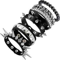 5 Pcs Spiked Bracelets Black Studded Cuff Punk Jewelry, Adjustable Gothic Emo
