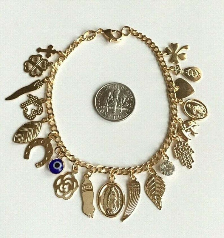 14K GOLD FILLED CHARM BRACELET MONEY ,LUCK 7.5” LONG/PULSERA DE BUENA SUERTE-B48 gallery