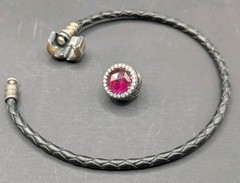 Pandora Braided Leather 7.5″ Charm Bracelet With Radiant Hearts Charm Pink 925