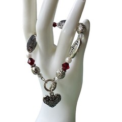Charm Bracelet Teacher Inspire Words Heart Faux Pearls Red Beads Toggle Clasp