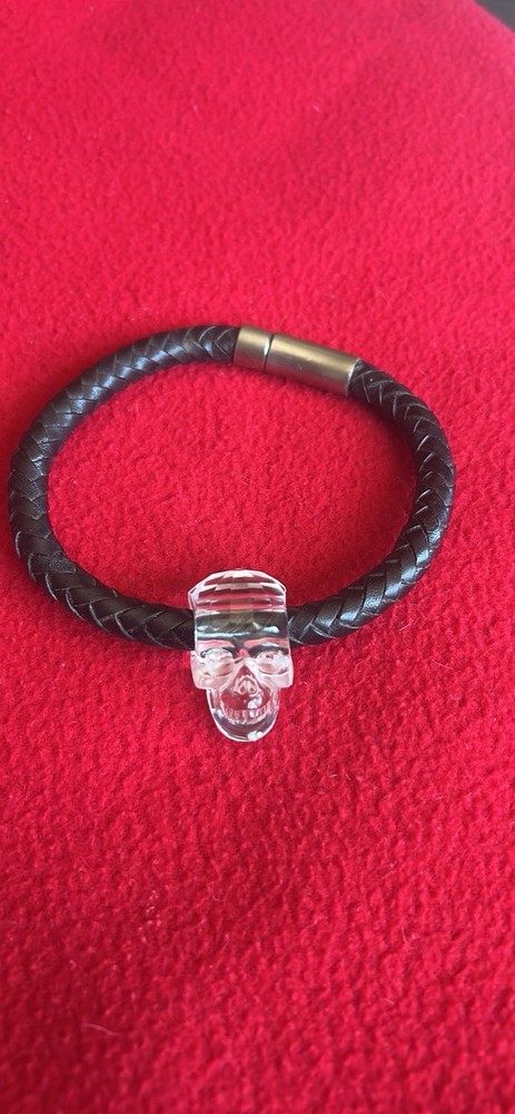 Gem Skull Bracelet of Quartz Rock Crystal Carved Skull with Genuine Leather