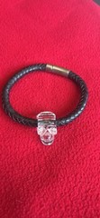 Gem Skull Bracelet of Quartz Rock Crystal Carved Skull with Genuine Leather