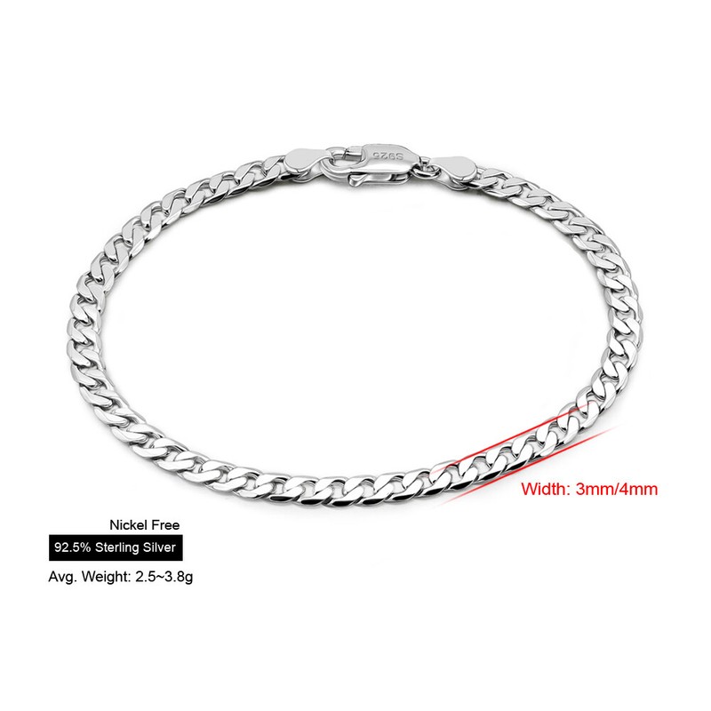 3mm 4mm 925 Sterling Silver Curb Chain Cuban Link Chain Bracelet for Men & Women gallery
