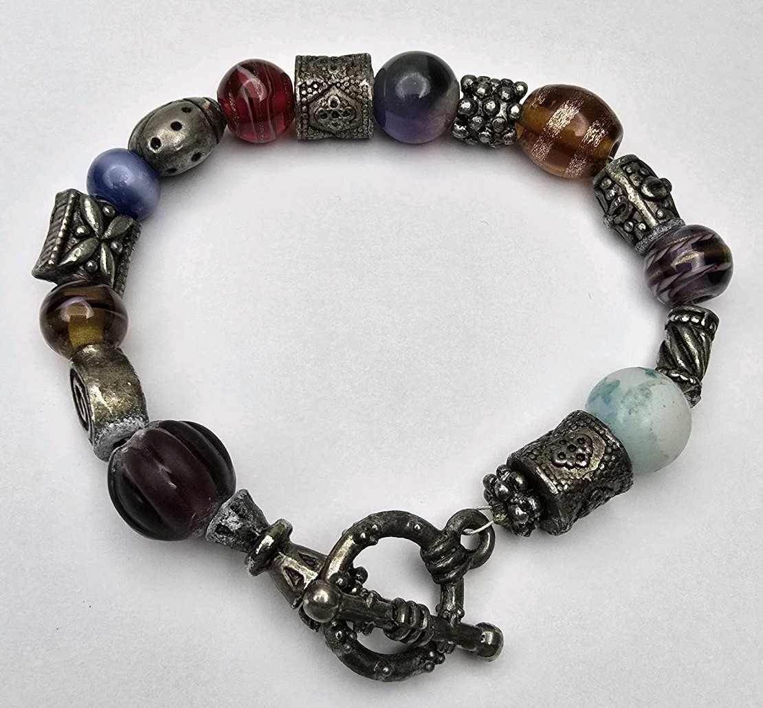 Multicolor Round Glass Silver Tone Spacer Beaded Bracelet 7 1/2" Toggle Clasp gallery