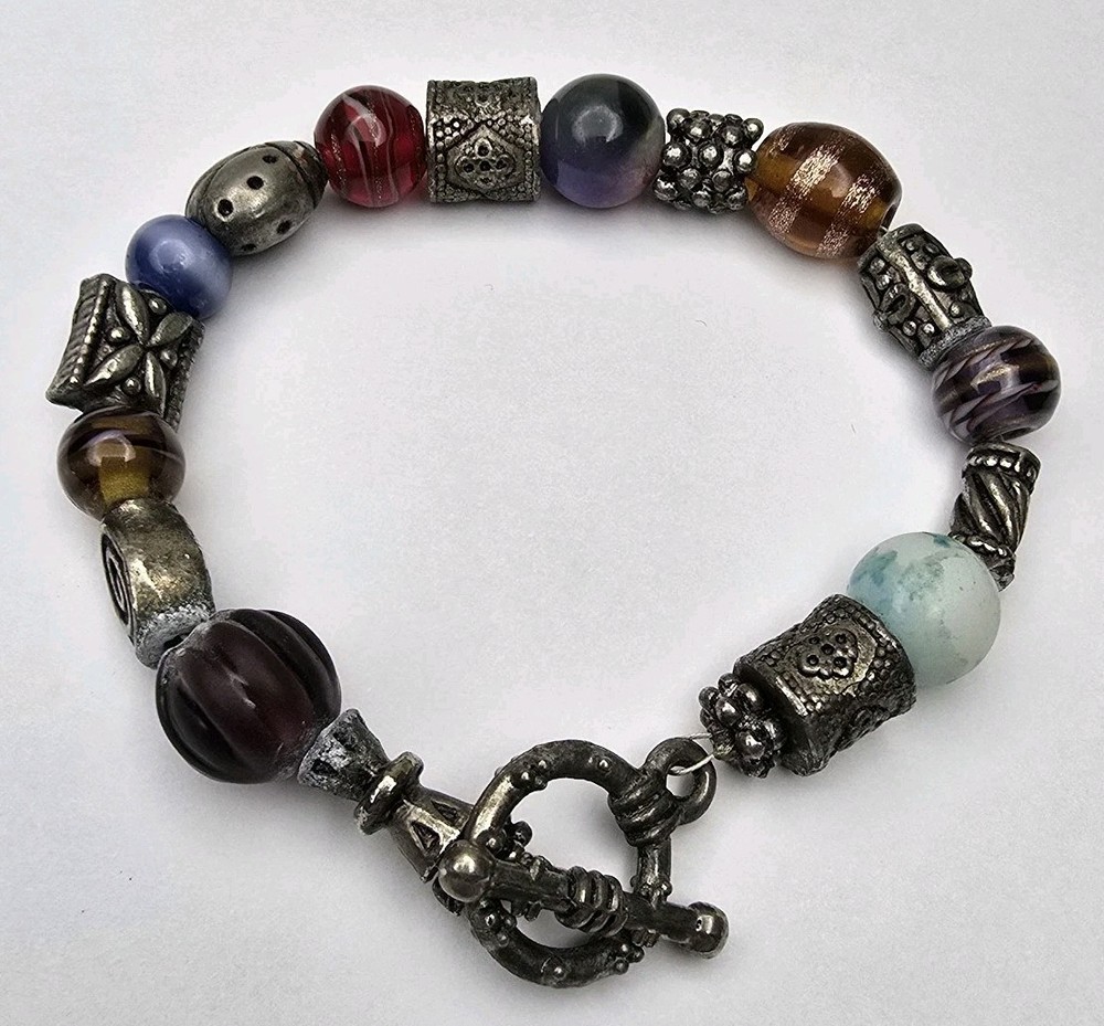 Multicolor Round Glass Silver Tone Spacer Beaded Bracelet 7 1/2" Toggle Clasp