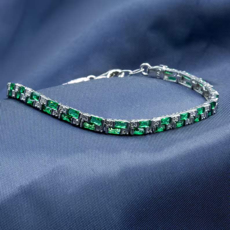 8.70 CT Baguette Simulated Emerald Elegant Tennis Bracelet 14k White Gold Plated gallery