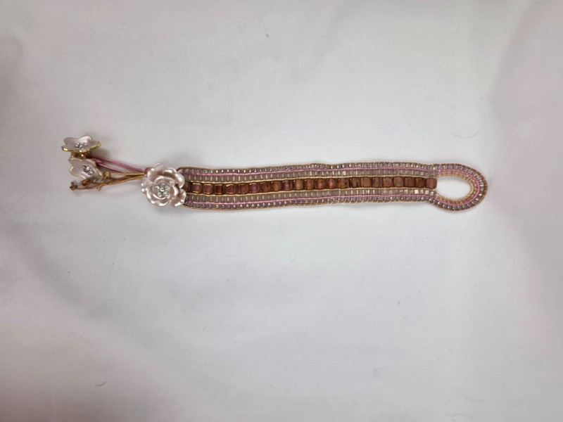 Beaded Bracelet 6 1/2" Pink and Brown with Floral Button Closure Flower Dangles gallery