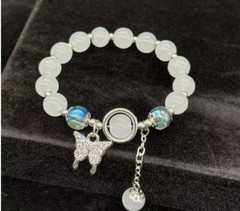 Butterfly White Glass Beaded Silver Charm Bangle Bracelet Elastic Hand String
