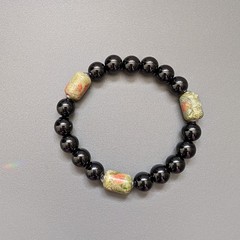Black Onyx Unakite Beaded Bracelet, Natural Stone Unisex Gift, Protection Stone