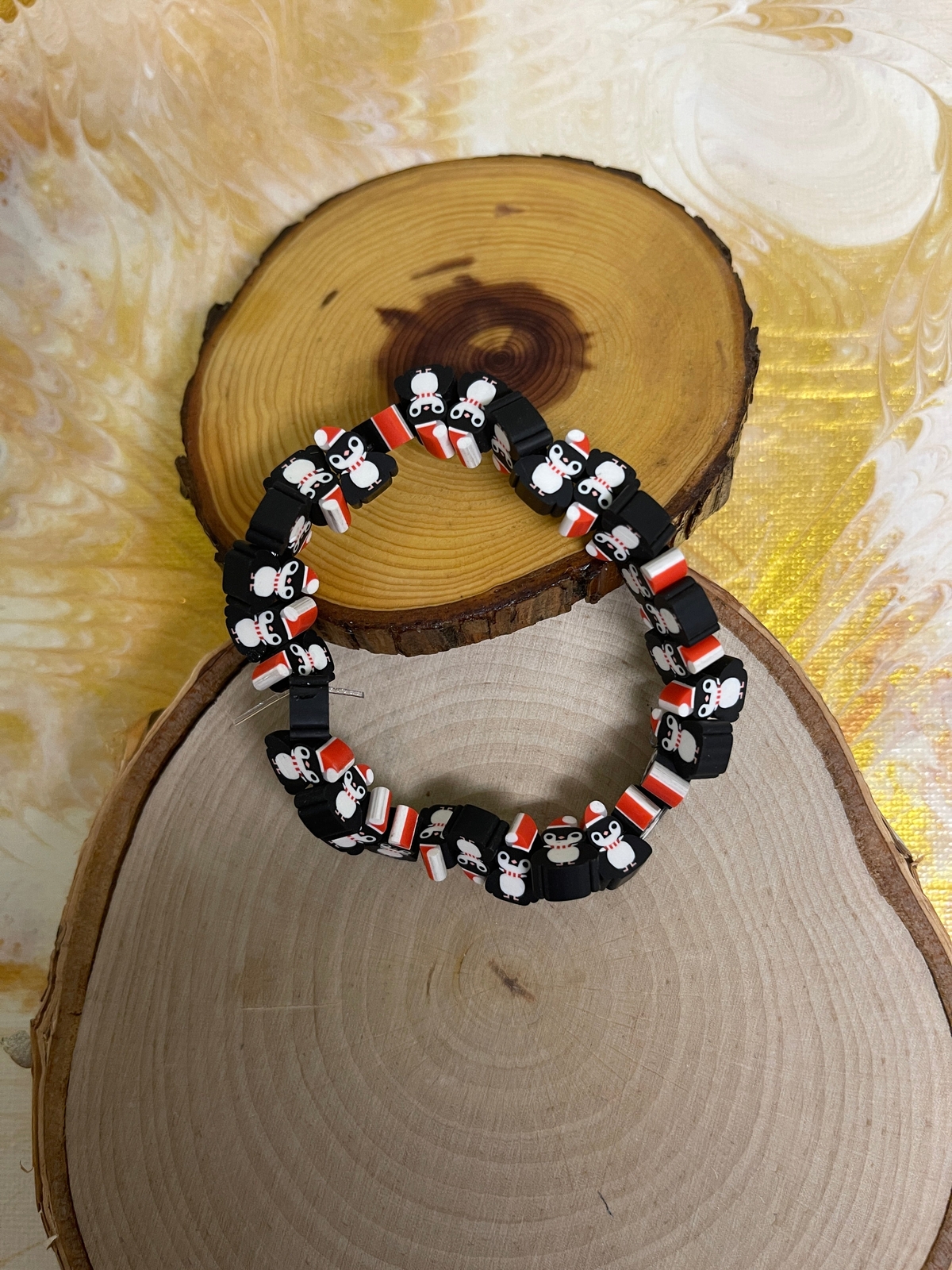 Santa Penguins Polymer Clay beaded Stretch bracelet gallery
