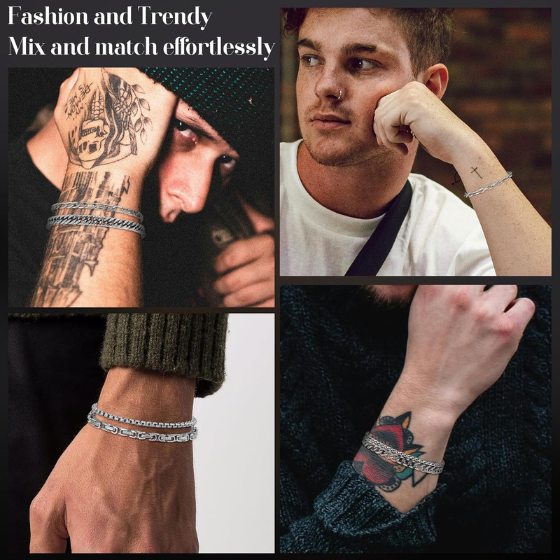 8Pcs Stainless Steel Bracelets for Men Women Sturdy Cuban Link Bracelet Curb Rop gallery