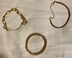 Set Of 3 Gold Colored Bracelets, 2 With Clip And 1 Pull-On, All Adjustable