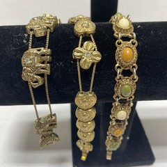 Lot 3 Gold-tone Bracelet Elephants Hearts Rhinestone Accents
