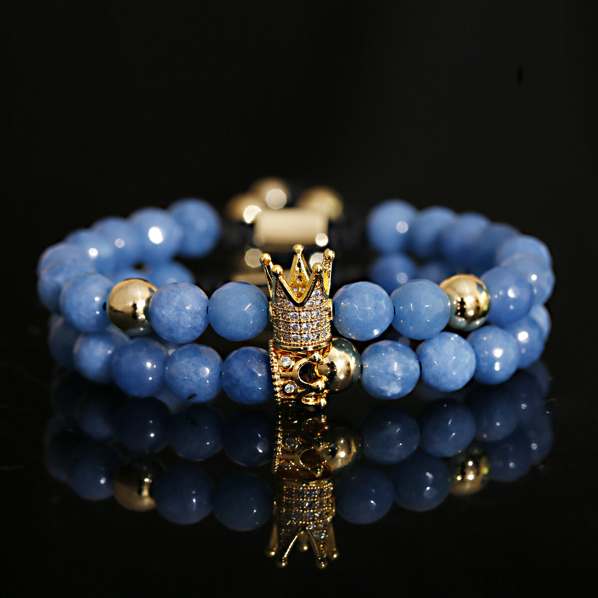 Luxury Moonstone Beaded Couple King Queen Crown CZ Pave Bead Bracelets Set gallery