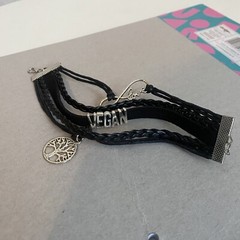 black vegan spell out wrap bracelet w tree charm. love plant based cruelty free