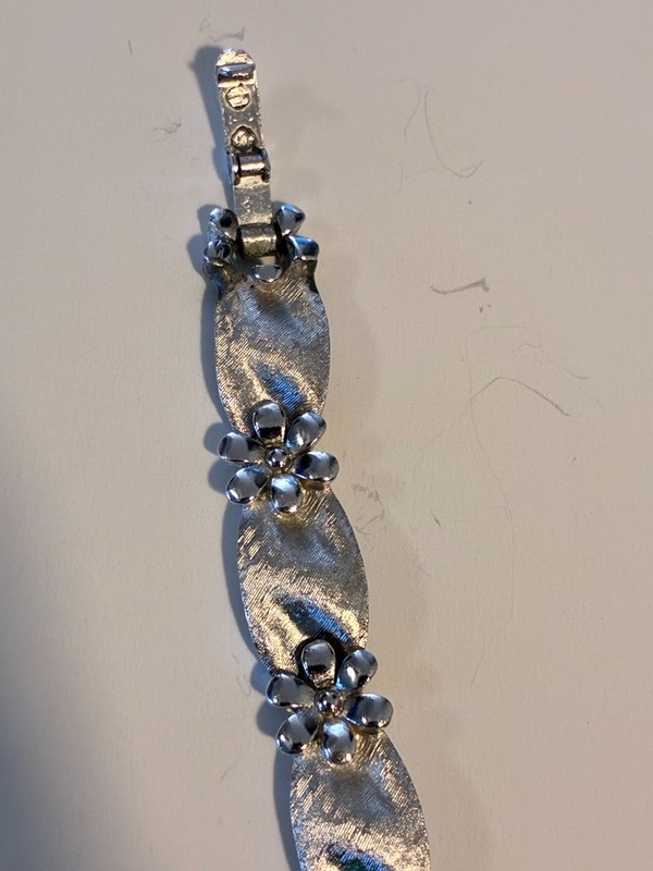 Crown Trifari © “Birthday Ribbon” Silver‑Tone Floral Link Bracelet Vintage Rhodi gallery
