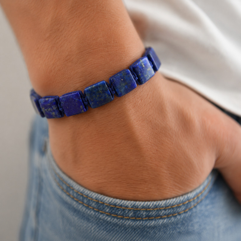 Natural Lapis Lazuli & Black Onyx Men's Square Beads Healing Protection Bracelet gallery