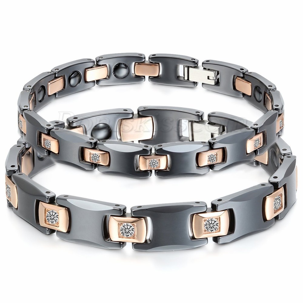 Couples Ceramic Steel Magnetic Therapy Power Rhinestone CZ Health Bracelet Chain