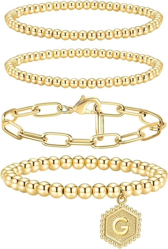 Gold Bracelets for Women, 14K Gold Plated Stackable Initial Beaded Bracelet w... gallery