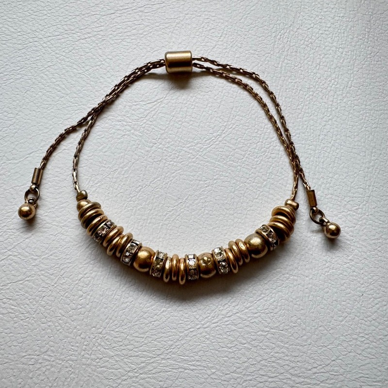 Gold Tone Beaded Bolo Bracelet w/ Crystal Eternity Spacers & Sliding Clasp gallery