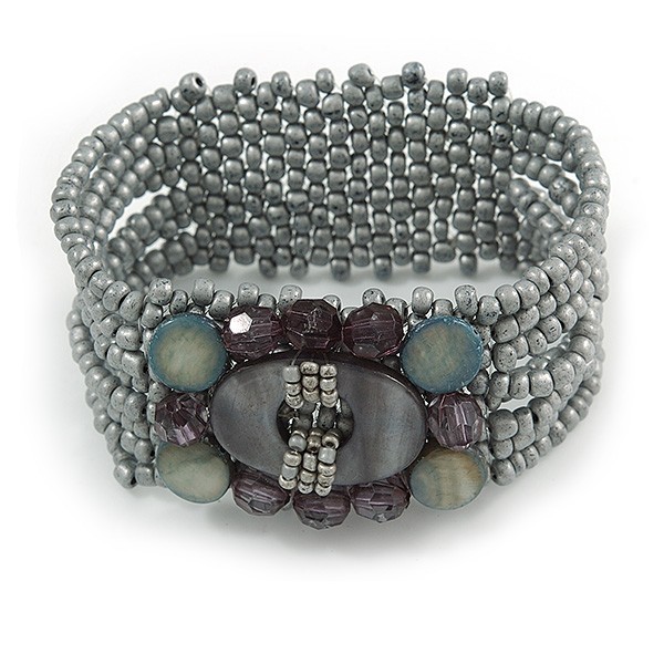 Light Grey Glass Bead and Shell Flex Bracelet - 18cm L gallery