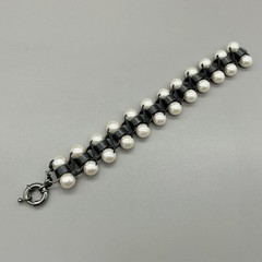 Lee Angel Bracelet White Faux Pearl Beaded Black Cord Gunmetal Spring Ring 8″