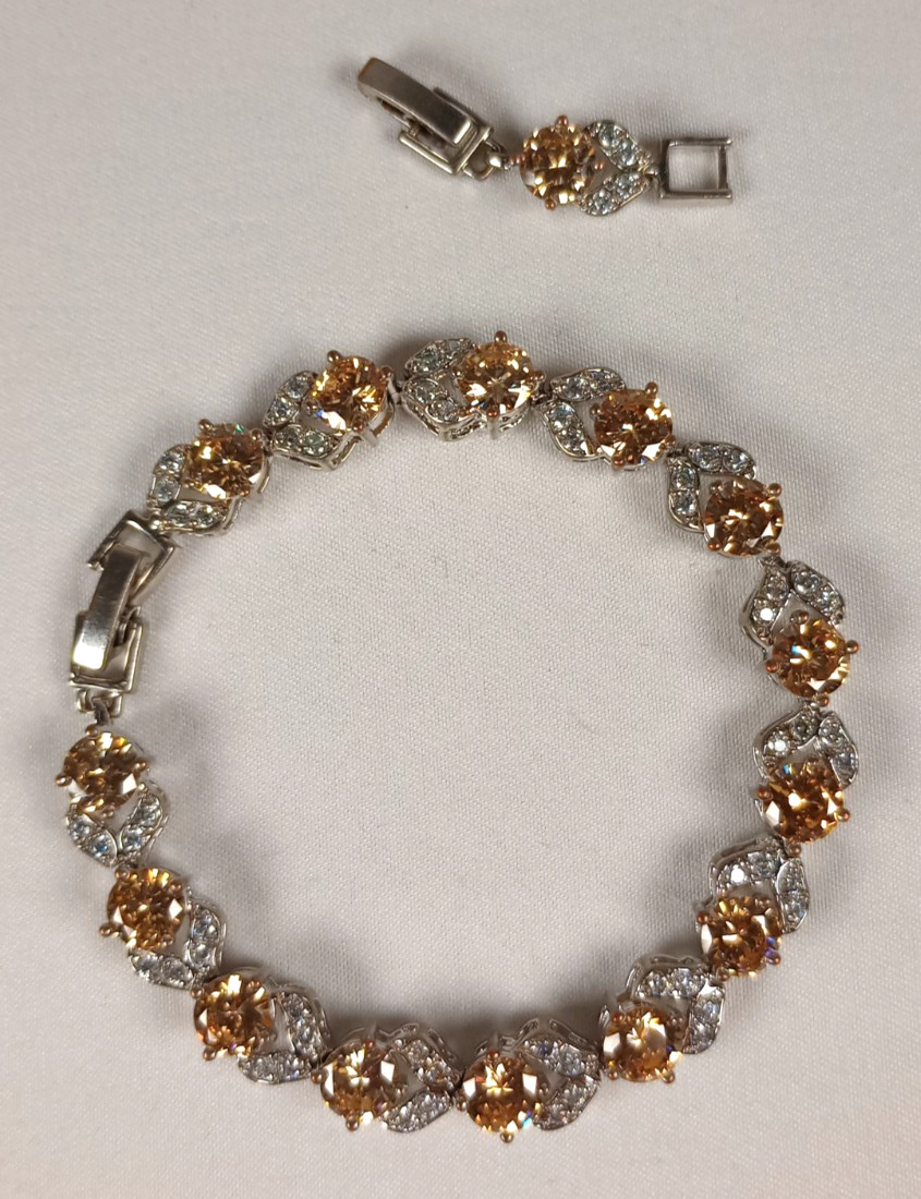 Silver Tone Champagne Rhinestone Tennis Bracelet 7" Elegant Formal Jewelry gallery