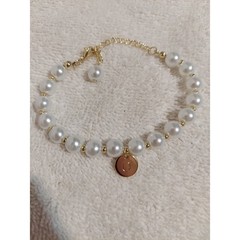 Gold Tone Pearl Charm Bracelet Initial O